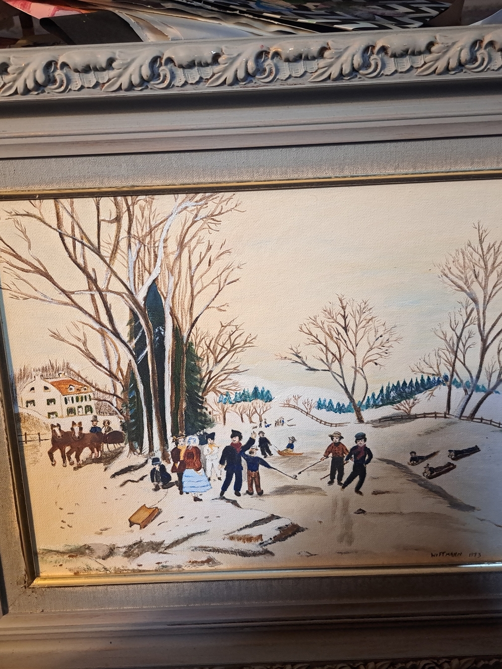 Winter Village Canvas Painting in Beige, Brown and Blue Tones 20x25